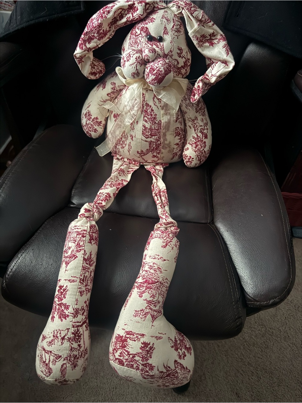 Toile Pattern Bunny Plush in Cream and Burgundy - Decorative Home Accent